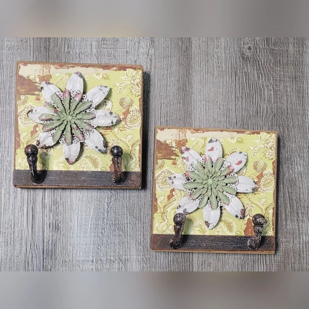Distressed Wood & Metal Flower Wall Plaques w/ Hooks Set of 2